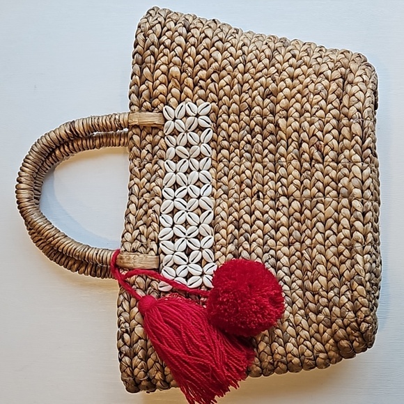 Haute Hippie Handbags - Haute Hippie Straw Puka Shell Beach Bag with Red Tassel and Pom Pom NWT